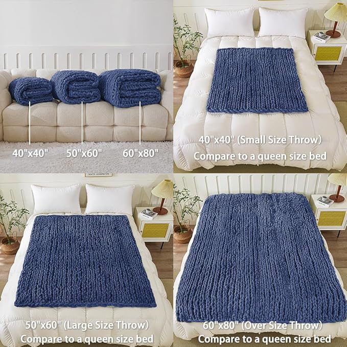 WESHIONGOO Chunky Knit Blanket Throw 50"×60" Knitted Throw Blankets for Couch Bed Fluffy Soft Blanket with Jumbo Chenille Yarn Thick 100% Handmade (Navy Blue)-Ruum Studio Home