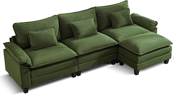 URRED Modular Sectional Sofa Comfy Cloud Couch, Modern Corduroy Sofa Sleeper Deep Seat Couches with Ottoman/Pillows for Living Room (Green, 117''- L Shape)-Ruum Studio Home