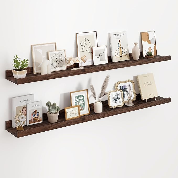 Floating Picture Ledge Shelves 48 Inch Solid Oak Wood Set of 2, Rustic Wall Storage Shelves with Lip, Kids Bookshelf, Photo & Picture Ledge Shelves for Bedroom, Living Room, Kitchen-Ruum Studio Home
