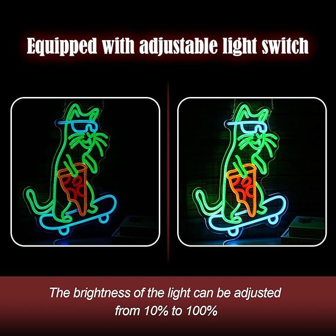 Skateboard Cat Neon Sign LED Cool Glasses Cat Neon Light for Wall Decor Pizza Neon Light Sign Dimmable USB Cat Pizza Light Up Sign for Bedroom Pizza Restaurant Pet Shop Gift (16.7 "*12.2 ")-Ruum Studio Home