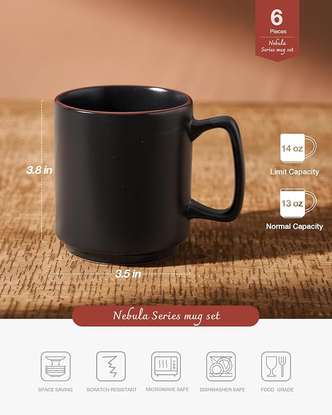famiware Coffee Mugs Set of 6, Nebula 14oz Coffee Mugs, Ceramic Cup Set with Handle for Latte, Tea, Milk, Cappuccino, Cocoa, Matte Black-Ruum Studio Home