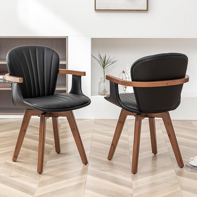LUNLING Swivel Dining Room Chairs Set of 2, Mid Century Modern Black Faux Leather Kitchen Chairs with Arms,Bamboo Legs Side Chairs No Wheels,Accent Chair for Dining Rooms and Offices-Ruum Studio Home