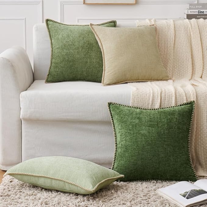 MIULEE Pack of 2 Couch Throw Pillow Covers 24x24 Inch Light Green Farmhouse Decorative Pillow Covers with Stitched Edge Soft Chenille Solid Dyed Spring Pillow Covers for Sofa Bed Living Room-Ruum Studio Home