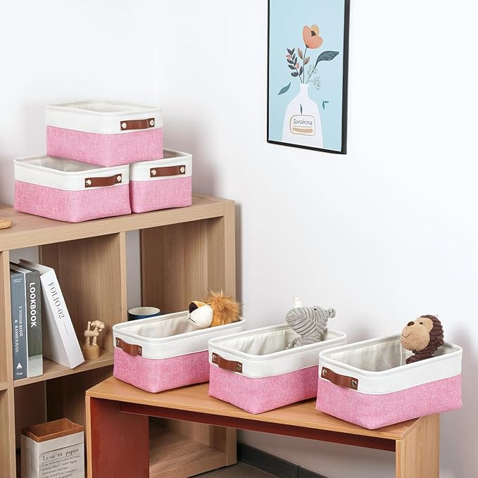 DULLEMELO Small Storage Baskets 6 Pack, Fabric Collapsible Gift Storage Baskets for Shelves, Closets, Nursery, Home, Office Organizing,Small Canvas Linen Rectangular Storage Bins (6-Pack, White&Pink)-Ruum Studio Home