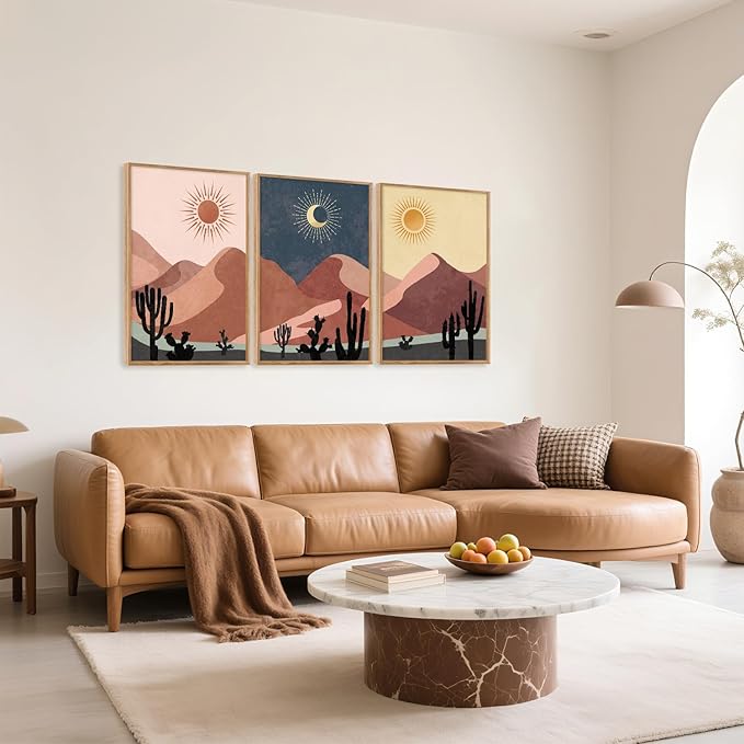 HPNIUB Boho Desert Framed Canvas Wall Art Set, Abstract Sun Moon Art Prints, Modern Cactus Paintings Artwork, Mid Century Southwestern Landscape Wall Decor for Living Room, Bedroom, Office-16 x24 x3-Ruum Studio Home