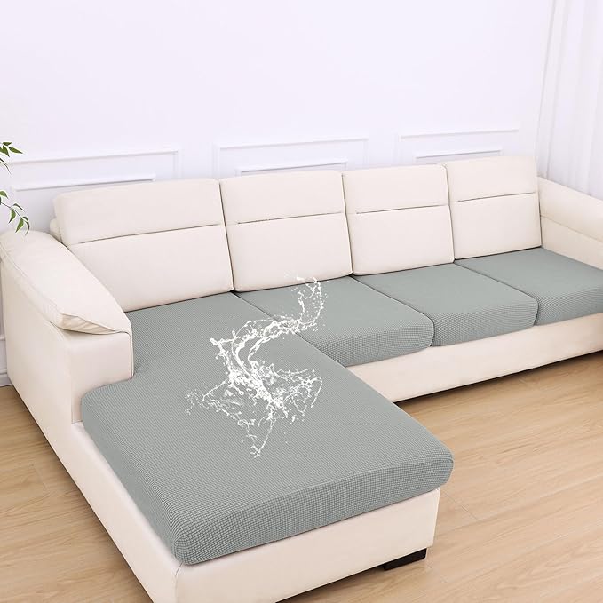 hyha Waterproof Couch Cushion Covers for Pets, Non Slip Sofa Seat Cover for Dogs Washable, Soft Thick Stretch Jacquard Fabric, Sofa Slipcovers with Elastic Bottom (1 Chaise+3 Seater, Light Grey)-Ruum Studio Home