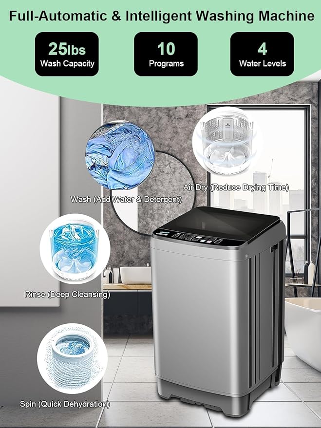 25 lbs Full Automatic Washing Machine with LED Display Compact Washing Machine with Drain Dump, 10 Wash Programs and 8 Water Levels Ideal for Dorms, Apartments, RV, Grey-Ruum Studio Home