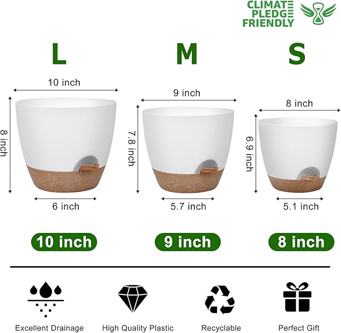 Plant Pots 10/9/8 Inch Self Watering Pots, Set of 3 Plastic Planters with Drainage Holes and Saucers,Plastic Flower Pots,Nursery Planting Pot for Indoor Out Door Plants（White）-Ruum Studio Home