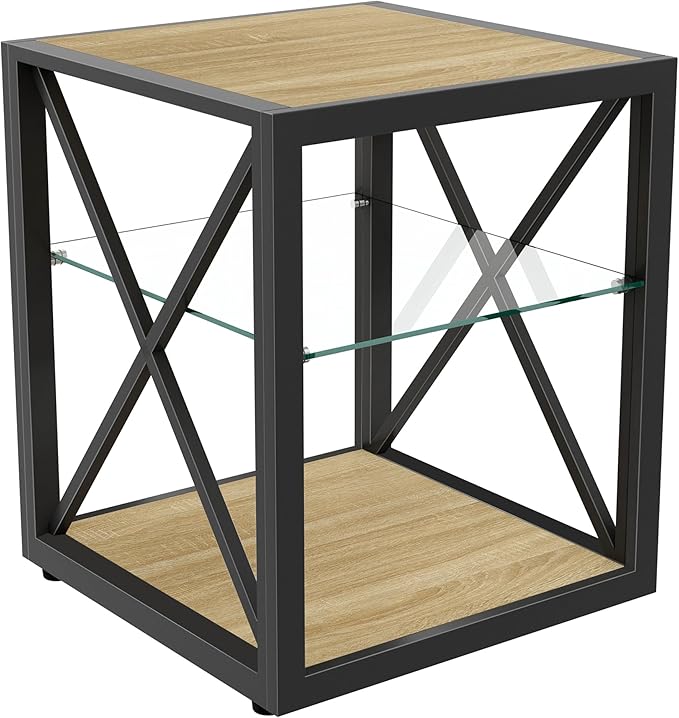 Farmhouse End Table, Modern Side Table with 3-Tier Storage Shelf, Square Rustic Nightstand, Accent Tea Table, for Bedroom Office Living Room, Brown, Natural Wood, Glass, Metal-Ruum Studio Home