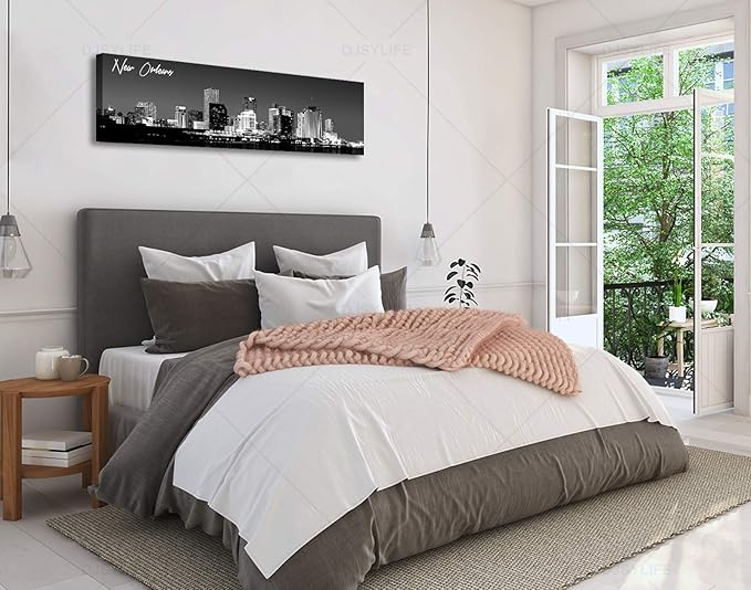 DJSYLIFE New Orlean Canvas Wall Art Decor City Skyline Pictures Poster Artwork Black and White Panorama Cityscape Painting for Bedroom Office Living Room Decoration Ready to Hang 13.8"X47.3"-Ruum Studio Home