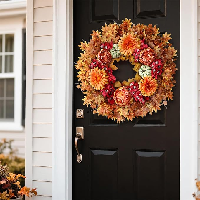 26" Fall Wreath for Front Door - Large Artificial Maple Leaves Fake Silk Peony Faux Pumpkin Outdoor Wreath for Porch, Window,Farmhouse,Home,Thanksgiving Day Harvest Festival Autumn Decor-Ruum Studio Home