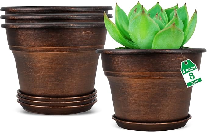 Plant Planters Pots Set of 4 Pack 8 Inch, Plastic Flower Pot for Indoor Plants with Drainage Holes & Trays, Resin Decorative Container Sets with Saucer for House Outdoor Garden Planters Copper-Ruum Studio Home