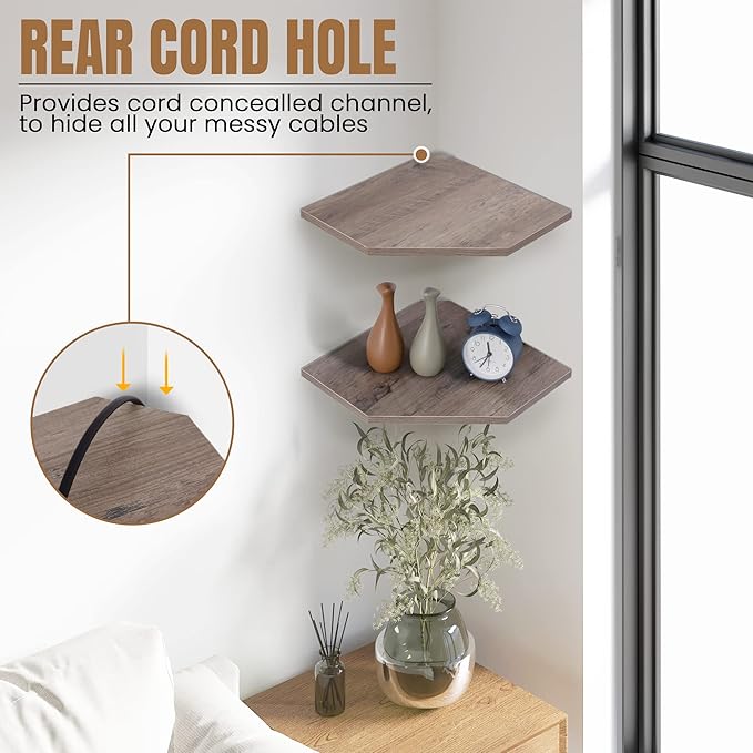 Corner Shelf Wall Mount, Floating Corner Shelves, Set of 2 Corner Wall Shelf Organizer, Rustic Wood Wall Storage Display Shelves for Living Room Bedroom Bathroom Kitchen, Rustic Grey-Ruum Studio Home