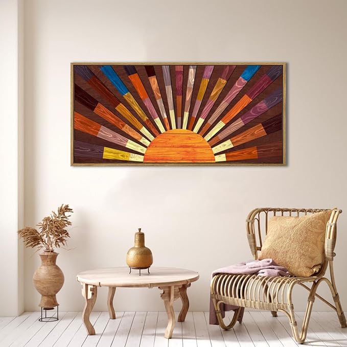 IARTTOP Extra Large Boho Sun Wood Wall Art for Living Room Wooden 3D Framed Abstract Sun Rising on the Horizon Geometric Wall Decor Mid century Sunshine Artwork Home Bedroom Office20 * 40 Inch-Ruum Studio Home
