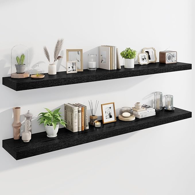 Marsmiles 72" Floating Shelves for Wall, Wooden Shelves with Invisible Brackets Set of 2, Rustic Farmhouse Wall Mounted Shelf for Kitchen Bathroom Living Room Study, Black-Ruum Studio Home