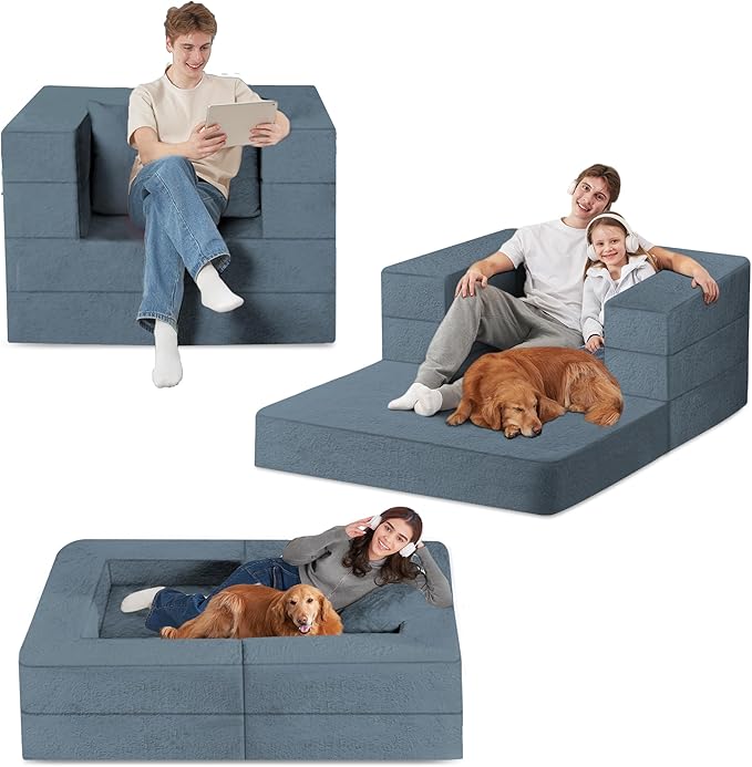 Folding Bean Bag Chair for Adults,3-in-1 Bean Bag Couch Faux Fur Floor Sofa Large Beanbag Convertible Bean Bag Sofa Bed with Pillow in Bedroom,Living Room,Apartment(Twin,Gray)-Ruum Studio Home