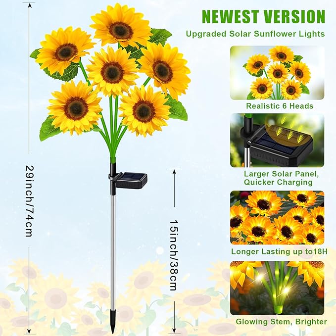 Sunflower Solar Lights Outdoor Decor, 6 Pack Solar Garden Decor 36 Waterproof Solar Sunflower Outdoor Lights for Garden Patio,Flower Bed, Pathway, Gift for Women, Mom, Grandma (6 Pack)-Ruum Studio Home