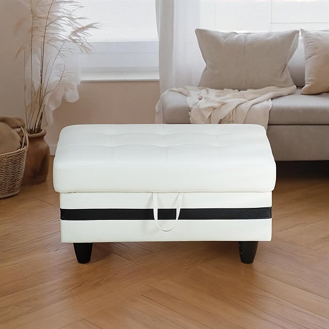 Ottoman Rectangular Storage Ottoman Bench, Faux Leather Footrest, Coffee Table, Stool Footstool with Hinged Lid for Living Room, Bedroom, Entryway, White with Black Strip, 35"x23.5"x17.5"-Ruum Studio Home