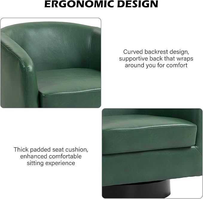 Swivel Barrel Accent Chair, Modern Round Faux Leather Arm Chair for Living Room, Bedroom, Comfy Club Reading Chairs for Adults(Faux Leather, Green, Set of 1)-Ruum Studio Home
