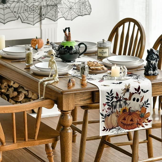 Artoid Mode Pumpkin Ghost Leaves Spider Web 210 GSM Halloween Table Runner, Spooky Kitchen Dining Table Decoration for Home Party Decor 13x36 Inch-Ruum Studio Home