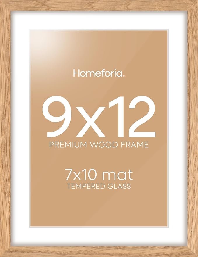 Homeforia 9x12 Picture Frame Wood, High End Natural Oak 9 x 12 Light Wooden Frames with Mat 7 by 10 Photo, 9by12 Frame Matted to 7x10 Print, Wall or Tabletop Frames, Tempered Glass, Wall Kit, Set of 1-Ruum Studio Home