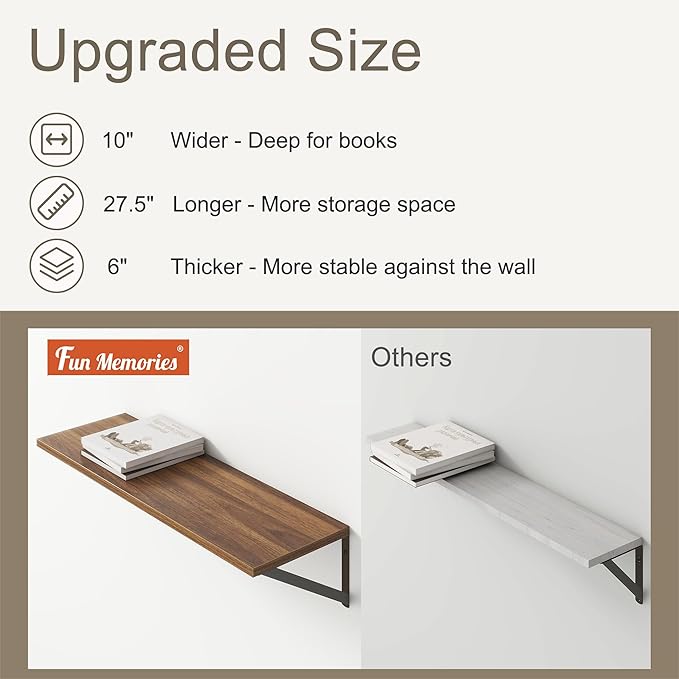 Fun Memories 27.5" W x10 D Floating Shelves, Large Wall Shelves 27.5 Inch Long, Set of 2, Farmhouse Wood Floating Shelf Wall Mounted, Deep Shelves for Bathroom, Living Room, Kitchen, Walnut Color-Ruum Studio Home