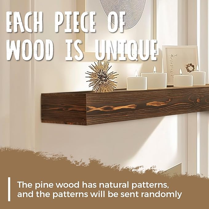 56x8x3 Fireplace Mantel - Handcrafted Hollow Rustic Solid Wood Wall Mounted Floating Shelf with Invisible Heavy Duty Wood Bracket (Weathered Brown)-Ruum Studio Home