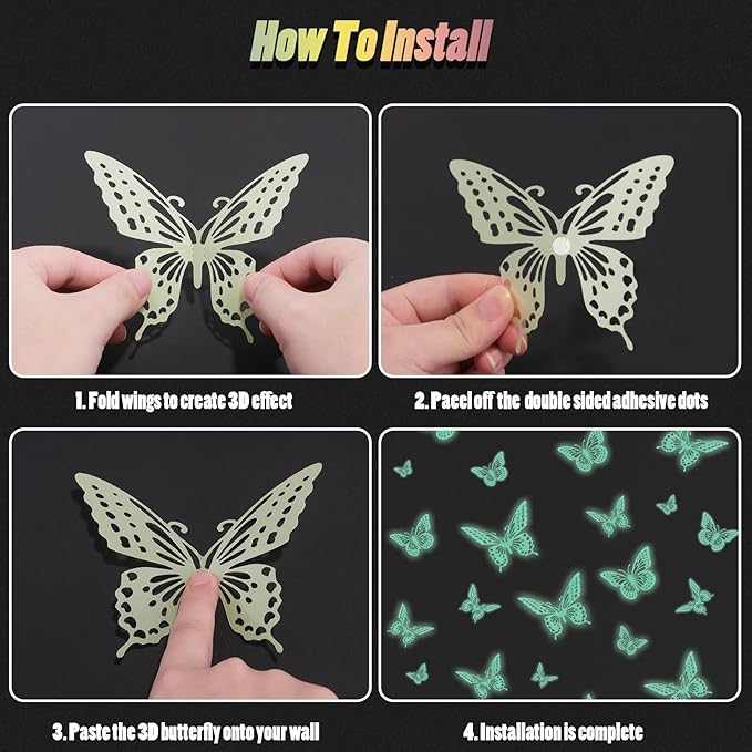 SAOROPEB Glow in The Dark 3D Butterfly 24 Pcs 3 Sizes, Luminous Butterfly Stickers for Ceiling or Wall, Glow in The Dark Party Supplies, Removable Luminous Stickers for Kids Babys Nursery (Green)-Ruum Studio Home
