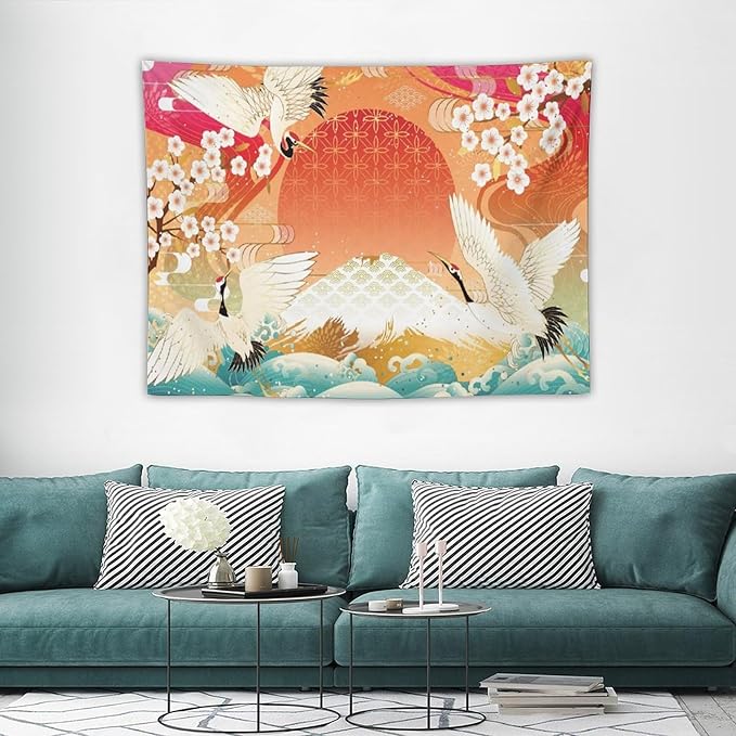 HZOHNAGO Japanese Tapestry Cherry Blossom Crane Sea Wave Fuji Mountain Red Sun Pattern Printed Wall Tapestry Painting Wall Hanging for Bedroom Living Room Dorm 40" W x 30" H-Ruum Studio Home
