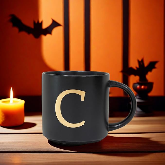 COLLECTIVE HOME - Monogram Ceramic Mugs, 15 oz Golden Initial Black Coffee Cups, Elegant Alphabet Tea Mugs, Elegant Personalized Mug with Gift Box, Unique Mug with Double Side Capital Lette (C)-Ruum Studio Home