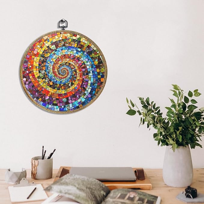 Colorful Glass Style Colorful Geometric Decoration Gift for Art Lovers Framed Round Wall Decor Canvas Wall Art Hanging Prints Artwork for Home Nursery Bedroom Living Room Decorations 10.2X10.2 Inch-Ruum Studio Home
