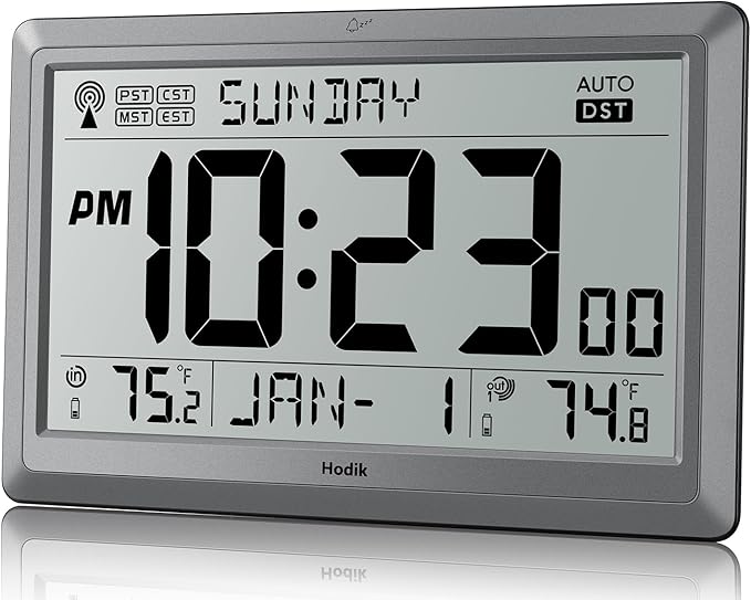 Wall Clock Atomic with Indoor Outdoor Temperature Battery Powered, Easy Reading with 10.5 Inch Large LCD Display, 330FT Range Table Wall Clock With DST, 12/24 Hour for Living Room Kitchen (Silver)-Ruum Studio Home