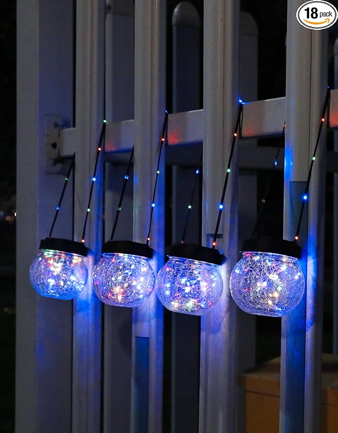 PARTPHONER Solar Lantern Solar Lights Outdoor Waterproof 18-Pack, Solar Powered Hanging Lights Cracked Glass Hanging Globes for Christmas Decoration, Shepherd Hook, Garden Tree Ornaments, Multi-Color-Ruum Studio Home