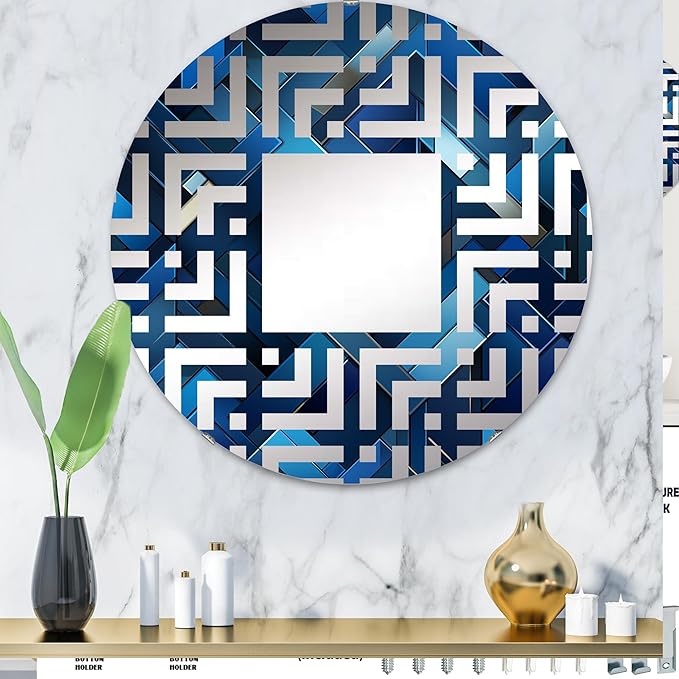 Symmetric Cubes in Deep Cobalt Blue - Geometric Maze - 32 Inches - Round Decorative Wall Mirror for Bathroom, Bedroom, Entryway, Living Room, Vanity Room and Modern Décor-Ruum Studio Home
