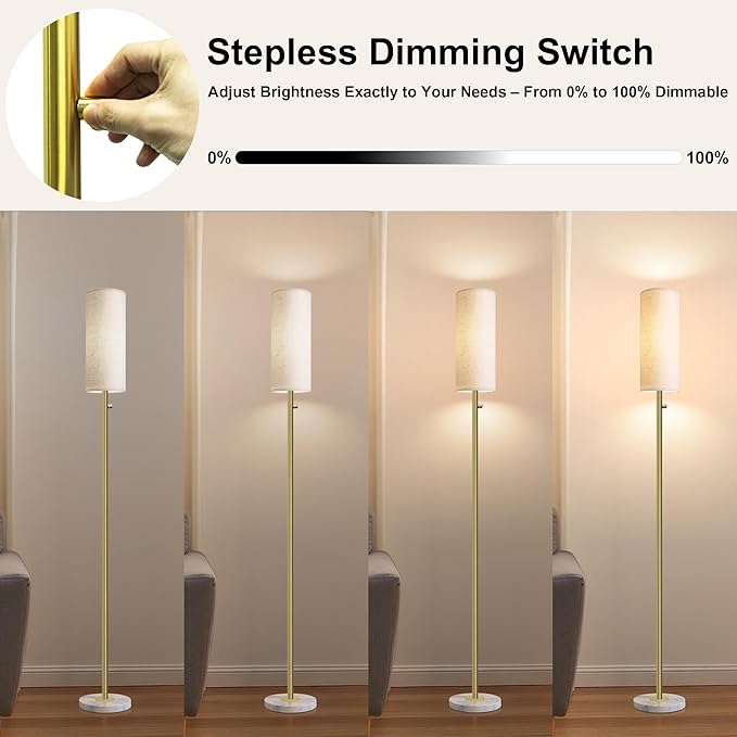 Dimmable Gold Floor Lamp for Living Room,Modern Standing Lamp with Marble Base,LED Bulb Included,Floor Lamps for Bedroom, Living Room,Office,Reading and Nursery(Gold Floor Lamp)-Ruum Studio Home