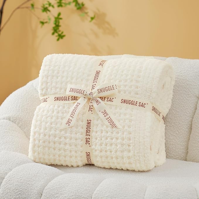 Snuggle Sac Cream Bedding Blankets Queen Size 90x90 inches, Reversible Microfiber Fluffy Fuzzy Soft Throw Cozy Knit Blanket for Women Mothers Birthday Gifts-Ruum Studio Home