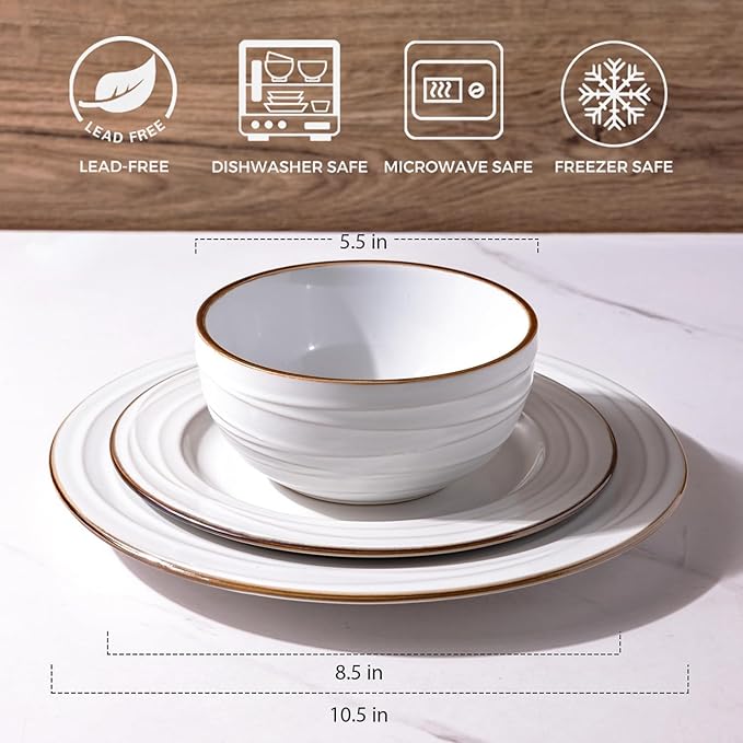 GBHOME Ceramic Dinnerware Sets, 24 pcs Embossed Elegant Stoneware Plates and Bowls Sets, Housewarming Wedding Gift | Dishwasher & Microwave Safe | Dishes Set Service for 8-Ruum Studio Home