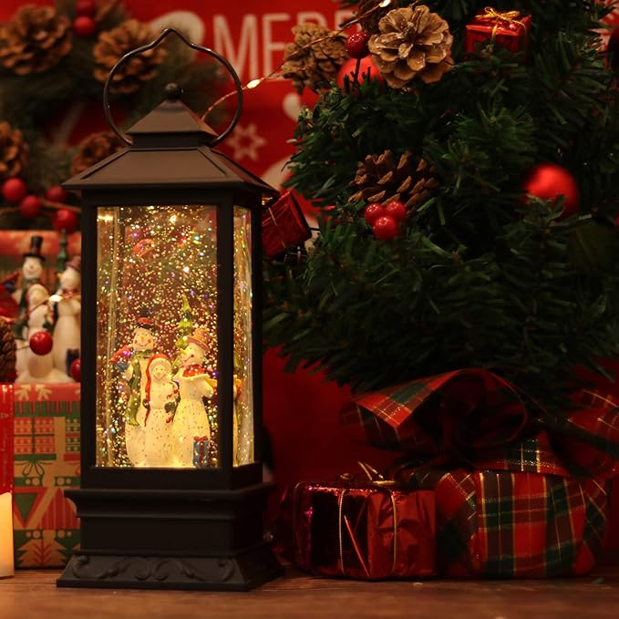 Eldnacele Singing Battery Operated Musical Lighted Christmas Snowman Water Glittering Swirling Snow Globe Lantern with Music Christmas Home Decoration and Gift, Snowman Family-Ruum Studio Home