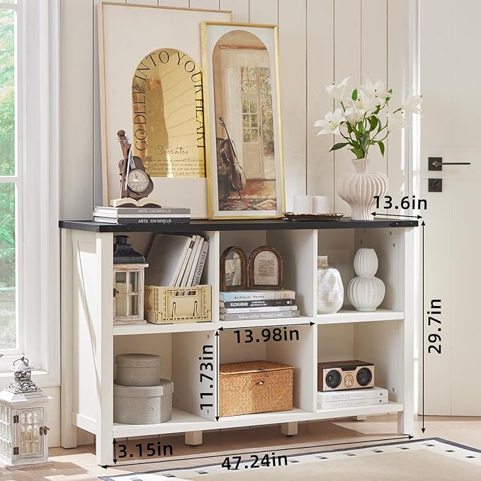 Farmhouse 6 Cube Bookshelf, Antique White & Black Wooden Storage Organizer Book Shelf, 47" Cubby Hallway Bookcase, Kids Toy Storage Cabinet, Modern Open Book Case for Living Room, Playroom-Ruum Studio Home