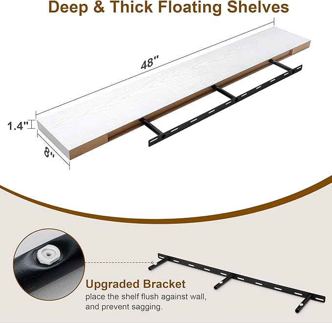 White Floating Shelves 48 Inch Long, 8 Deep Floating Shelves for Wall, Rustic 48" Long Fireplace Mantel, Large 48 x 8 Wall Shelves for Bedroom, Living Room, Bathroom, White Deep Shelves Set of 1-Ruum Studio Home