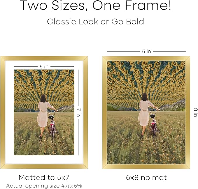 Homeforia 6x8 Picture Frame Gold, High End Metal 6 x 8 Frames with Mat 5 by 7 for Print, Photo Frame 6x8 Gold Matted to 5x7 inches Art, 6by8 Wall or Tabletop Frames, Tempered Glass, Wall Kit, Set of 1-Ruum Studio Home