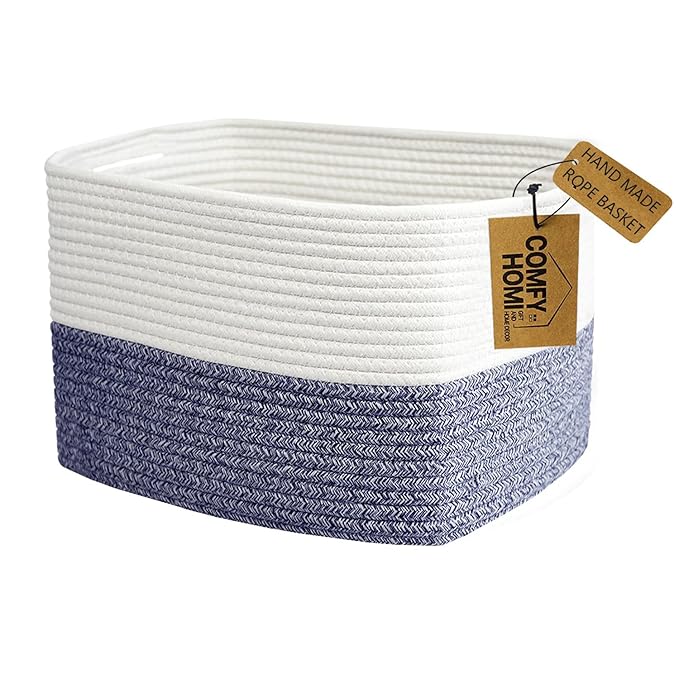 COMFY-HOMI Medium Cotton Rope Basket With Handles for Shelves|Dog Toy|Baby Gift Basket Empty for Organizing|NEW Generation 13.5" x 11" x 9.5" Living Room (Navy Blue)-Ruum Studio Home