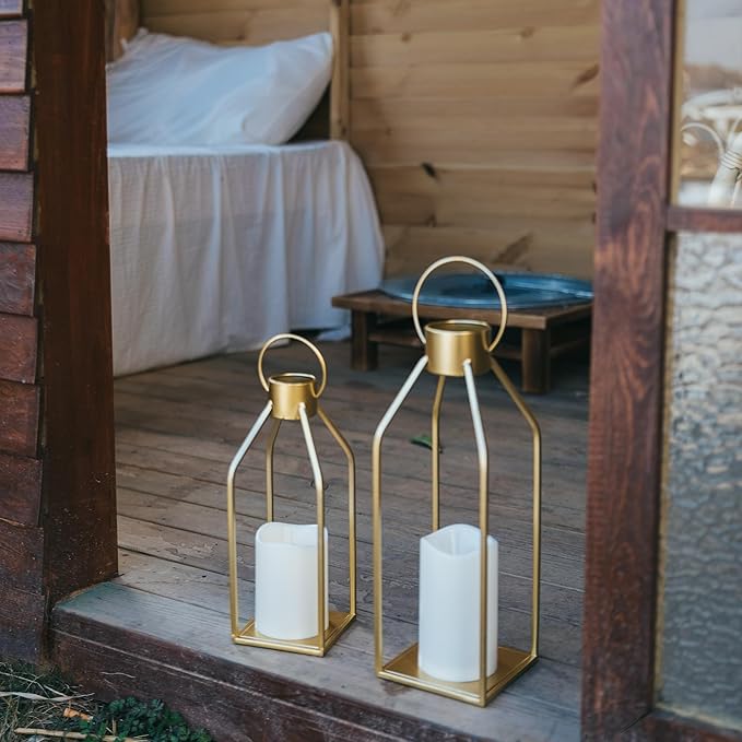 HPC Decor Modern Farmhouse Lantern Decor- Gold Metal Candle Lanterns for Christmas- Lanterns Decorative w/Timer Flickering Candles for Living Room, Home, Indoor, Outdoor, Table,Fireplace Mantle Decor-Ruum Studio Home