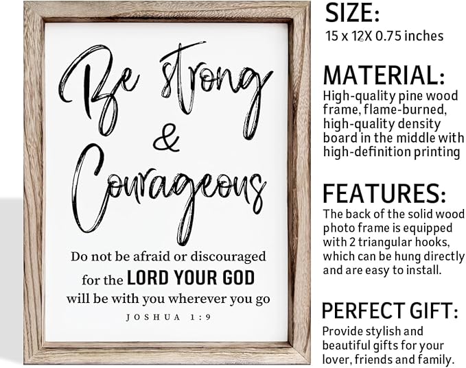 Inspirational Wood Signs, Christian Wooden Wall Plaque, Religious Home Decor, Bible Verse Decor Art, Framed Wall Plaque Sign 15 * 11.5 inches, Be Strong and Courageous Sign-Ruum Studio Home