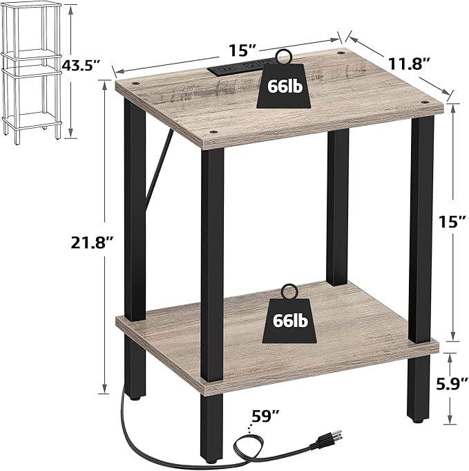 TUTOTAK End Table with Charging Station, Small Side Table with Outlets, Nightstand Bedside Table, 2-Tier Storage Shelf for Small Space, Living Room, Bedroom, Greige TB01BG040-Ruum Studio Home