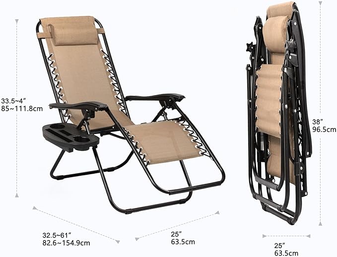 Nazhura Set of 2 Relaxing Recliners Patio Chairs Adjustable Steel Mesh Zero Gravity Lounge Chair Beach Chairs with Pillow and Cup Holder Khaki (Kahki)-Ruum Studio Home