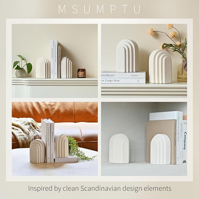 Decorative Bookends for Shelves, Set of 2 Book Ends for Heavy Books, Layered Arch Design Beige Bookend-Ruum Studio Home