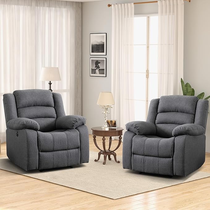 EBELLO Classic Power Recliner Chair, Oversized Electric Reclining Chair with Overstuffed Cushion and Back, Soft Fabric Adults Single Recliner Sofa for Living Room, Set of 2 Grey-Ruum Studio Home