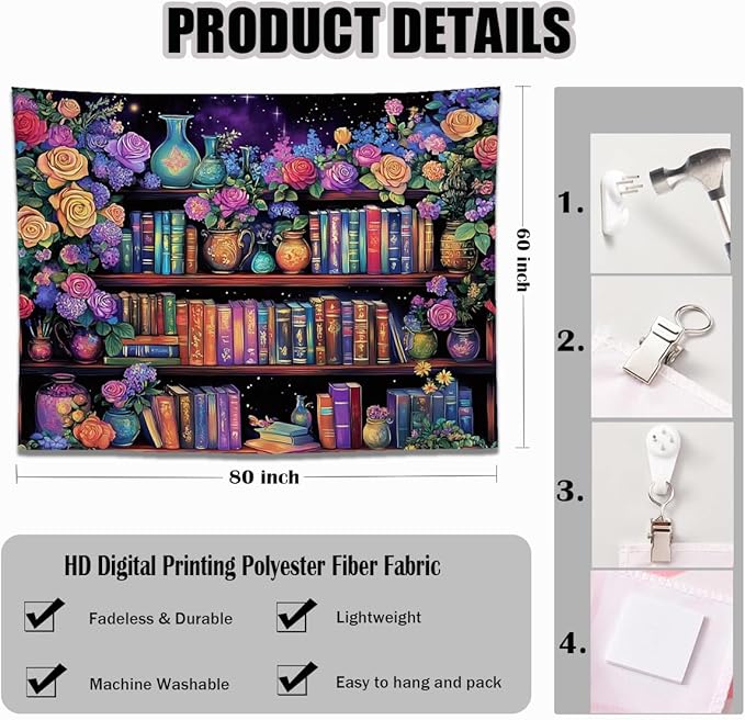 keowhsf Pink Purple Flower Bookshelf Wall Tapestry Colorful Tapestries for Bedroom Aesthetic Floral Tapestry Wall Hanging Cute Girl Bedroom Decor-Ruum Studio Home