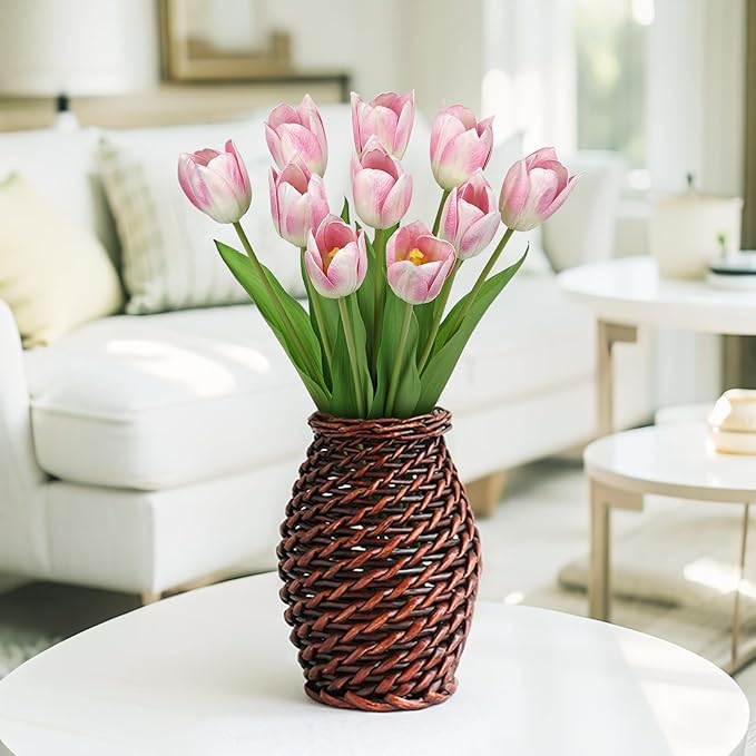 Artificial Tulips Flowers – 20" Long Stem Faux Tulips, 10PCS Real Touch Fake Pink Tulip for Vase, Farmhouse, Kitchen, Spring & Wedding Home Decor-Ruum Studio Home